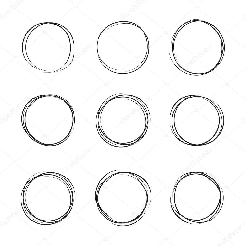 Hand drawn ink line circles vector illustration. Circular doodle sketches scribbles for round frames isolated on white with place for text. Pencil handwritten art imitation