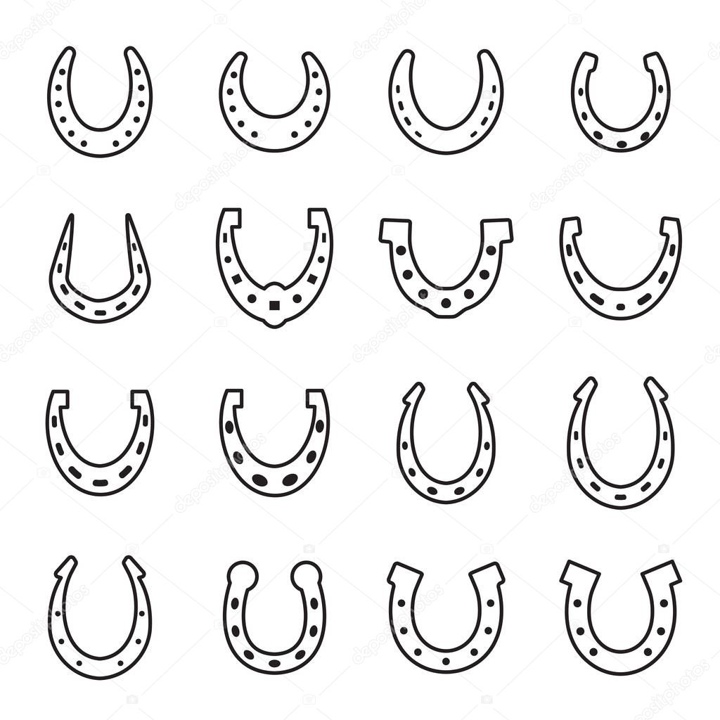 Set of horseshoe vector icon isolated on white background. Horse shoe silhouette as international good luck symbol. Fortune and success sign collection