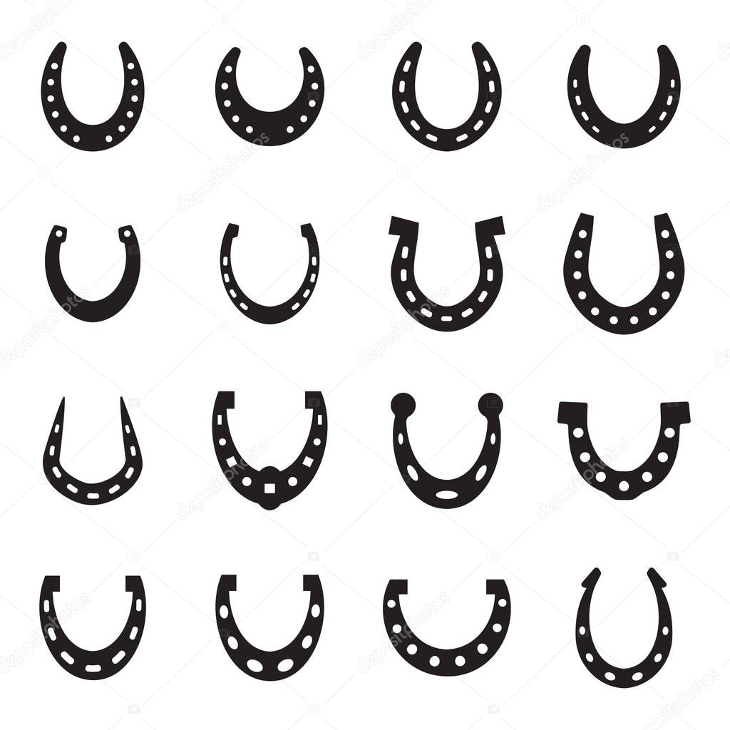 Set of horseshoe vector icon isolated on white background. Horse shoe silhouette as international good luck symbol. Fortune and success sign collection