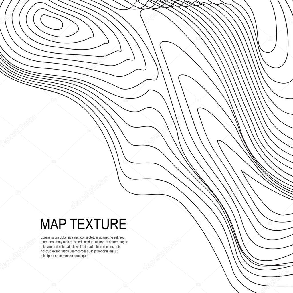 Topographical vector background with place for text. Geodesy contouring map texture with line contours of terrain. Geographic relief mountains landscape. Topography and cartography pattern