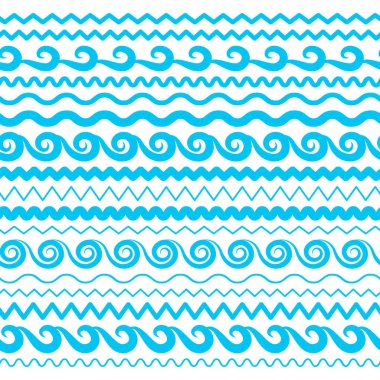 Mavi deniz su dalgalar vektör kesintisiz kenarlıklar, yatay Aqua öğeleri veya gelgit satır koleksiyonu. Dekoratif tekrar dalgalı bölücüler, çerçeveler veya beyaz arka plan üzerinde izole fırçalar
