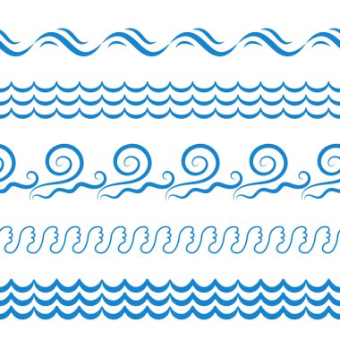 Mavi deniz su dalgalar vektör kesintisiz kenarlıklar, yatay Aqua öğeleri veya gelgit satır koleksiyonu. Dekoratif tekrar dalgalı bölücüler, çerçeveler veya beyaz arka plan üzerinde izole fırçalar