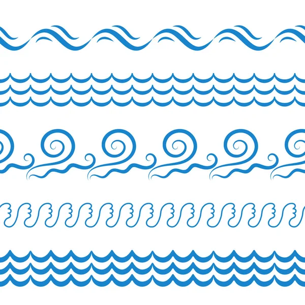 Blue Sea Water Waves Vector Seamless Borders Horizontal Aqua Elements — Vettoriale Stock