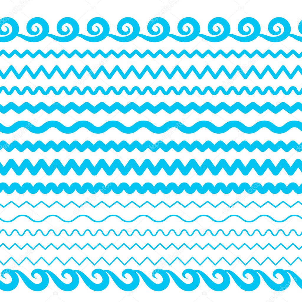 Blue Sea Water Waves Vector Seamless Borders, Horizontal Aqua Elements or Tide Lines Collection. Set of Decorative Repeat Wavy Dividers, Frames or Brushes Isolated on White Background