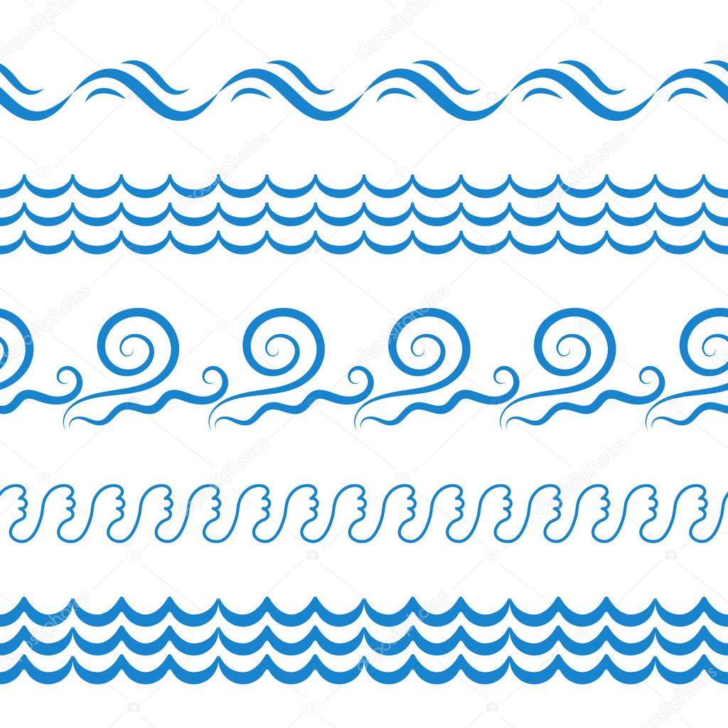 Blue Sea Water Waves Vector Seamless Borders, Horizontal Aqua Elements or Tide Lines Collection. Set of Decorative Repeat Wavy Dividers, Frames or Brushes Isolated on White Background