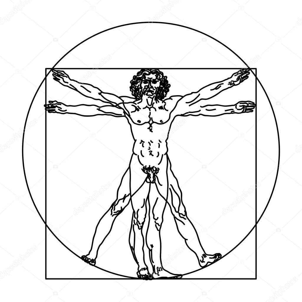 Stylized sketch of the Vitruvian man or Leonardo's man. Homo vitruviano vector illustration based on Leonardo da Vinci artwork