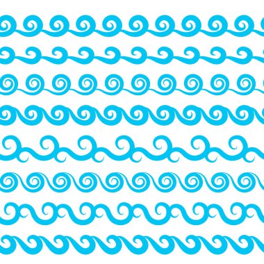 Mavi deniz su dalgalar vektör kesintisiz kenarlıklar, yatay Aqua öğeleri veya gelgit satır koleksiyonu. Dekoratif tekrar dalgalı bölücüler, çerçeveler veya beyaz arka plan üzerinde izole fırçalar