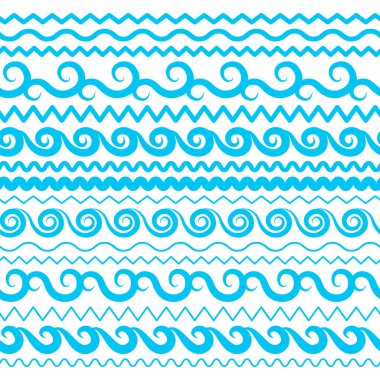 Mavi deniz su dalgalar vektör kesintisiz kenarlıklar, yatay Aqua öğeleri veya gelgit satır koleksiyonu. Dekoratif tekrar dalgalı bölücüler, çerçeveler veya beyaz arka plan üzerinde izole fırçalar