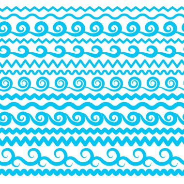 Mavi deniz su dalgalar vektör kesintisiz kenarlıklar, yatay Aqua öğeleri veya gelgit satır koleksiyonu. Dekoratif tekrar dalgalı bölücüler, çerçeveler veya beyaz arka plan üzerinde izole fırçalar