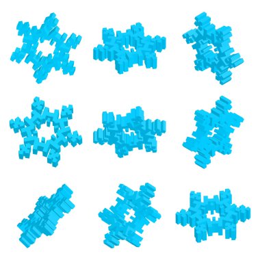 Çeşitli Perspektif Şekillere sahip 3d vektör Isometric Kar Tanesi Simgesi seti. Yılbaşı Tasarımı ve Yeni Yıl Dekorasyonu, Buzdolabı Sembolleri veya Gölgeli Logo İçin Basit Mavi Kar Tanesi Elementi