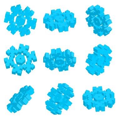 Çeşitli Perspektif Şekillere sahip 3d vektör Isometric Kar Tanesi Simgesi seti. Yılbaşı Tasarımı ve Yeni Yıl Dekorasyonu, Buzdolabı Sembolleri veya Gölgeli Logo İçin Basit Mavi Kar Tanesi Elementi