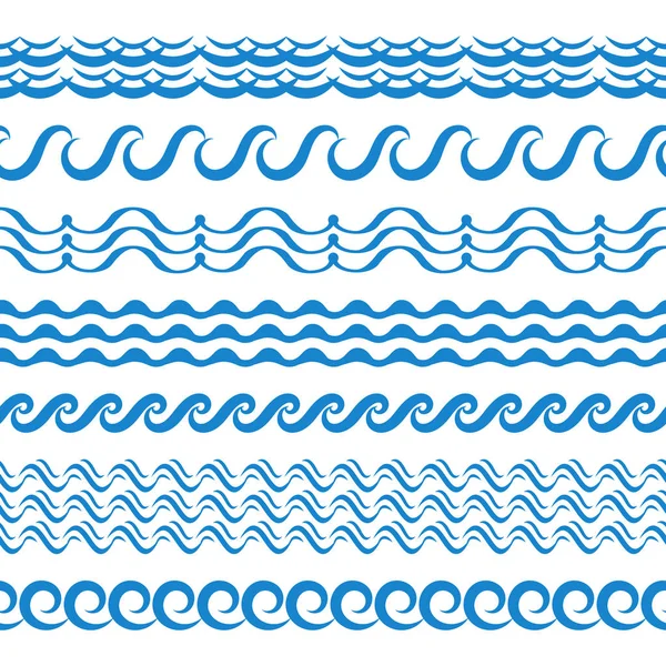 Blue Sea Water Waves Vector Seamless Borders Horizontal Aqua Elements — Stock Vector