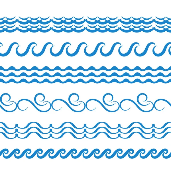 Kék Tenger Víz Hullámok Vektor Zökkenőmentes Határokon Vízszintes Aqua Elemek — Stock Vector