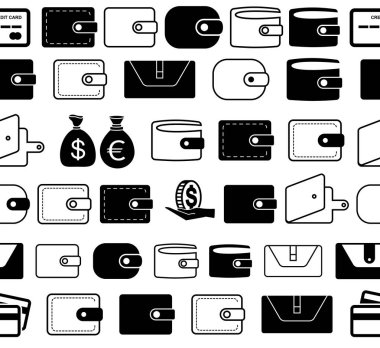 M-cüzdan vektör simge kesintisiz kenarlıklar veya satırları. Kredi kartı ve para sembollerle Web, Logo, App, Kullanıcı arabirimi için el çantası. Basit vektör illüstrasyon izole