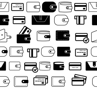 M-cüzdan vektör simge kesintisiz kenarlıklar veya satırları. Kredi kartı ve para sembollerle Web, Logo, App, Kullanıcı arabirimi için el çantası. Basit vektör illüstrasyon izole
