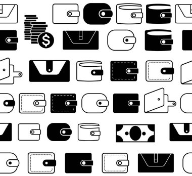 M-cüzdan vektör simge kesintisiz kenarlıklar veya satırları. Kredi kartı ve para sembollerle Web, Logo, App, Kullanıcı arabirimi için el çantası. Basit vektör illüstrasyon izole