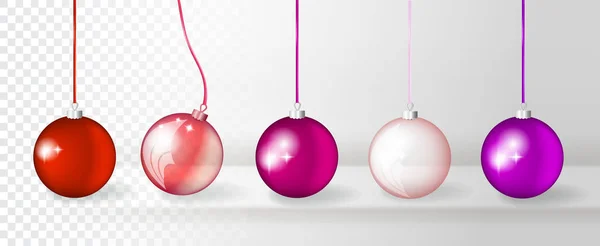 透明なリアルな のコレクション クリスマス ボールをベクトルします ピンク 紫のクリスマスつまらないものと新年装飾ボール要素のセット — ストックベクタ