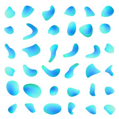 Sıvı elementler, karışık renkli plastik şekiller veya modern tasarım için çeşitli organik kabarcıklar. Soyut 3d vektör sıvısı gradyanı, sıçrama ya da damlacık fırça karalamaları