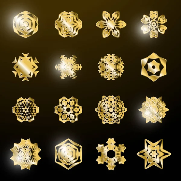 Set Gold Simple Snowflake Icons Dark Background Golden Snow Flake — Stock Vector