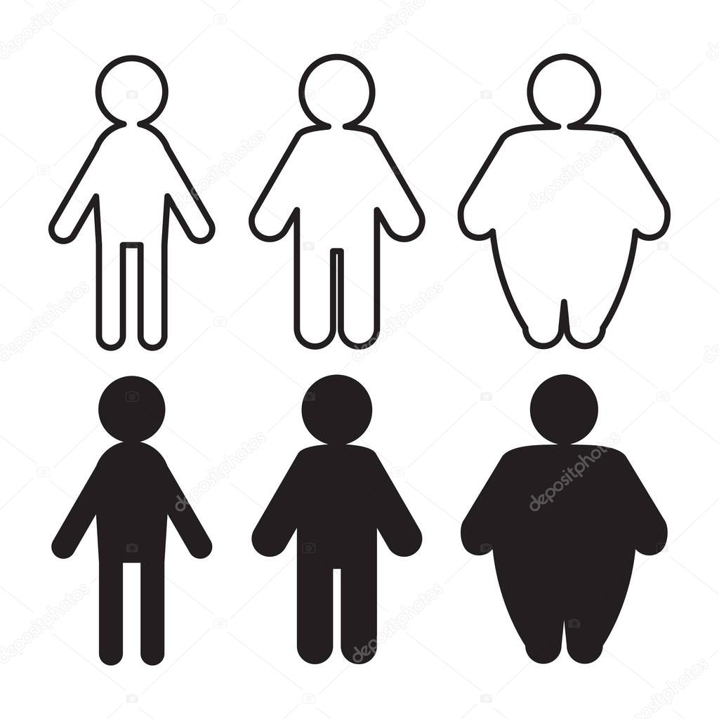 Set of obese icons or overweight symbols. Vector people pictograms with thin to fat transformation for weightloss illustrtion or sprite sheet animation