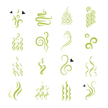 Kötü koku, koku, nefes veya buhar buhar koleksiyonu. Çizgi film vektör kümesi yeşil buhar dalgaları, koku simge, boktan toksik sis duman etkisi ile resimler için