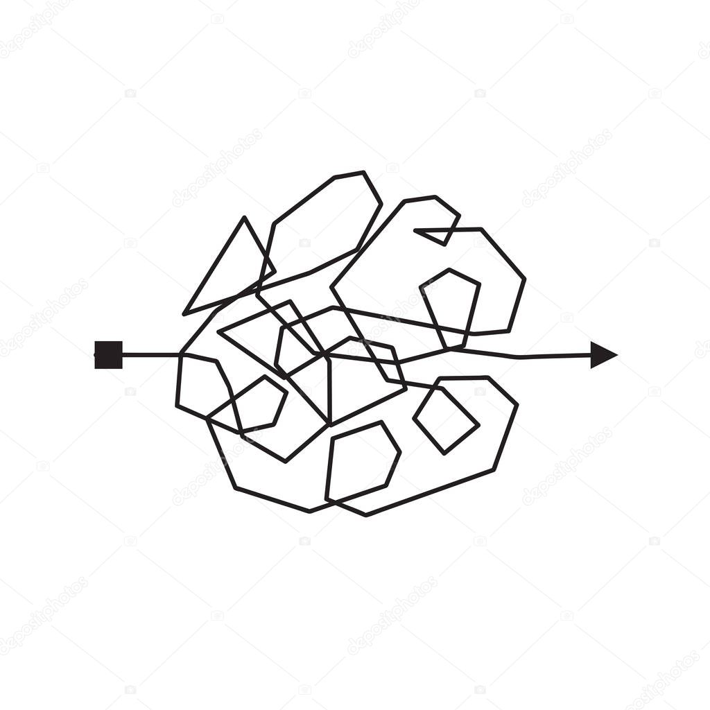 Confused and complicated way with scribbled path as chaos concept illustration. Confusing vector line illustrating the way of difficult problem solusion