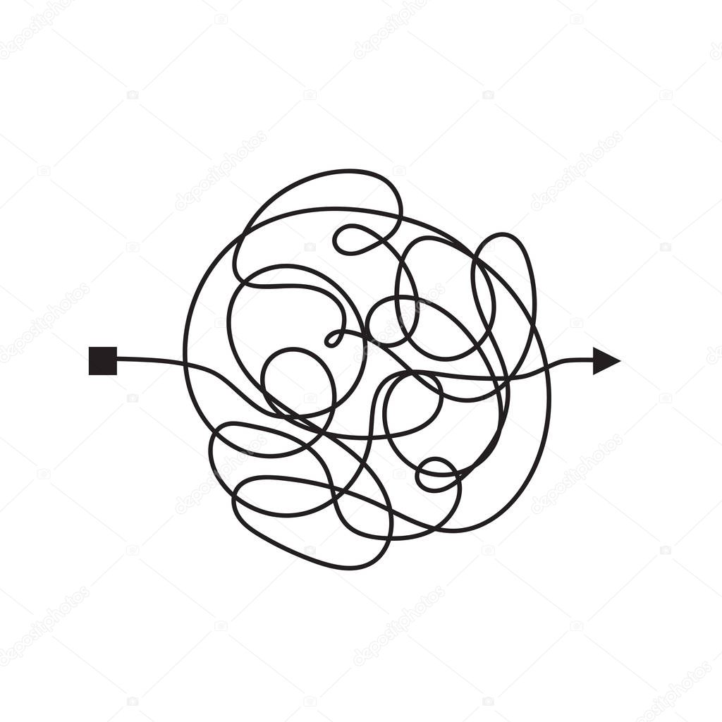 Confused and complicated way with scribbled path as chaos concept illustration. Confusing vector line illustrating the way of difficult problem solusion