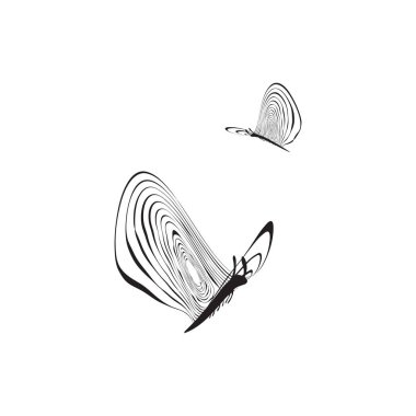 İzole siyah ve beyaz çizgili stilize uçan kelebek. Basit çizgili sembol güve