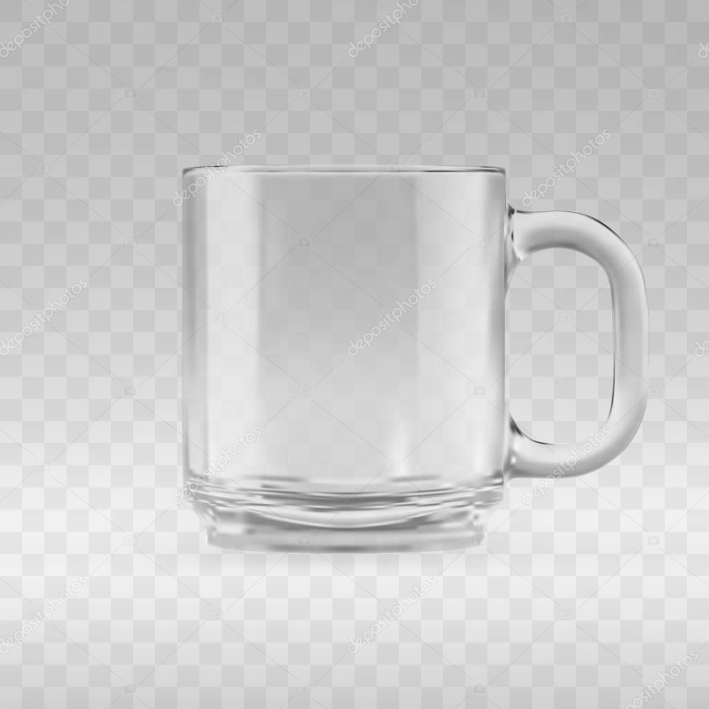 Empty transparent glass mug mockup. Realistic 3d vector illustration of blank glassy tankard or classic coffee cup