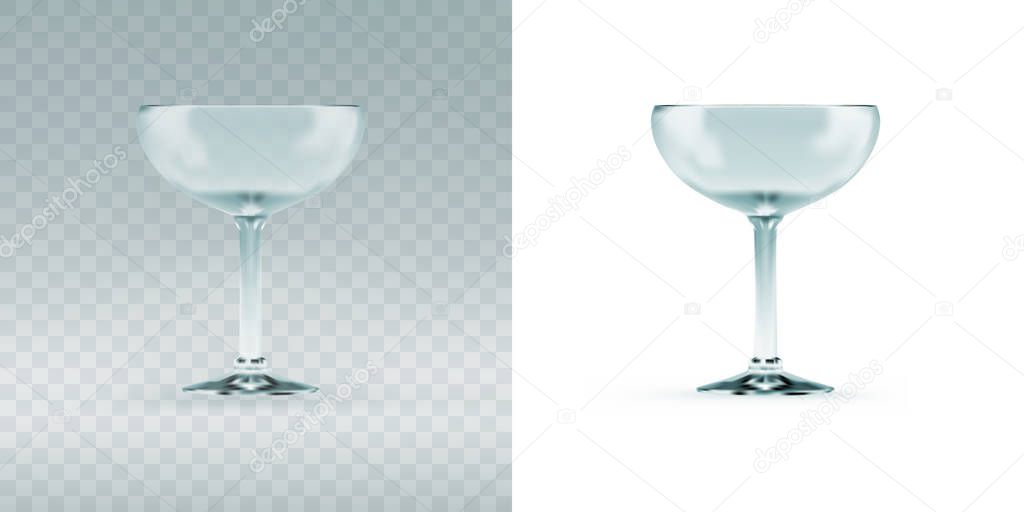 Empty transparent cocktail sauser glass for margarita and cosmopolitan cocktails at bar. Realistic 3d vector illustration of blank glassy stemware on gradient background