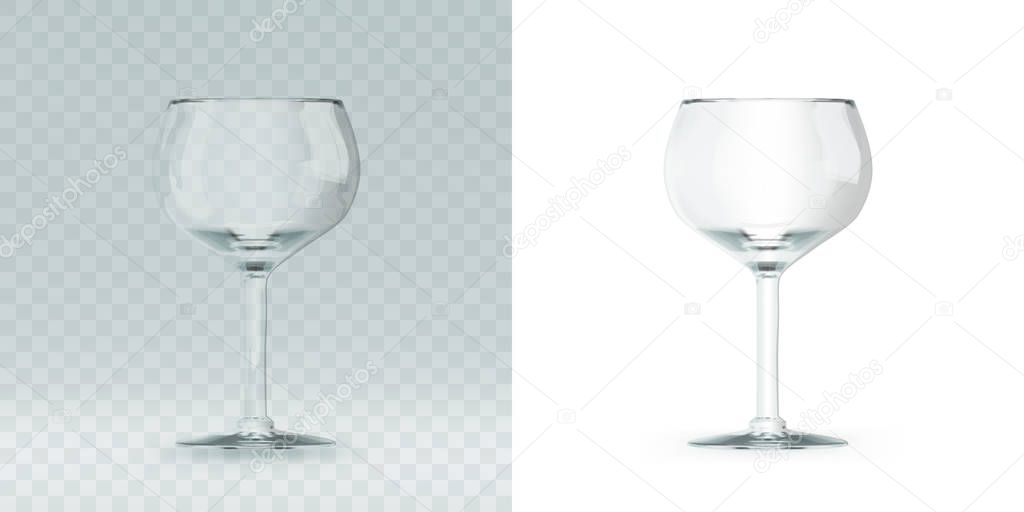 Empty transparent 3D rendered wine glass for drinking alcohol in restaurant. Realistic wineglass illustration or mockup of blank glassy stemware
