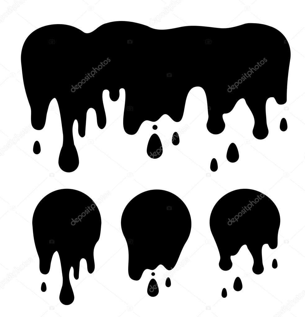 Round black current paint drips or circle stains collection isolated. Liquid dripping circles or melted ice cream drip silhouettes vector illustration