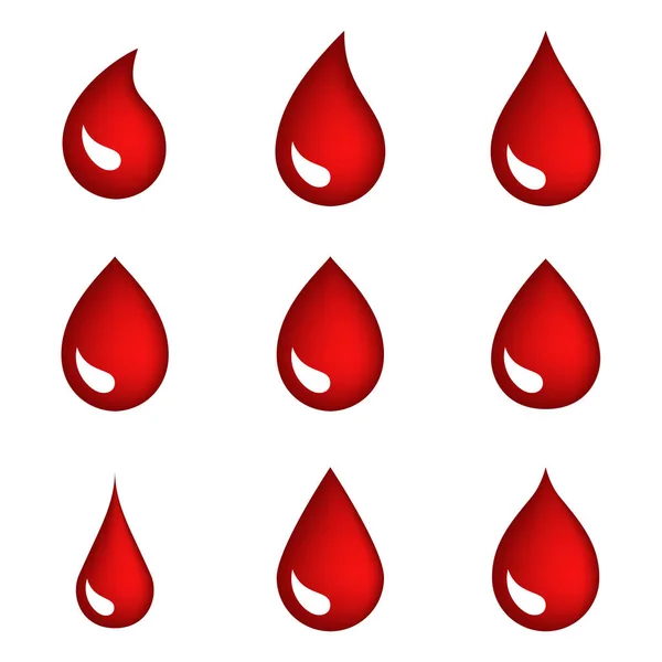 Czerwony bood krople ikony lub krwawienie symbole kolekcja izolowane — Wektor stockowy