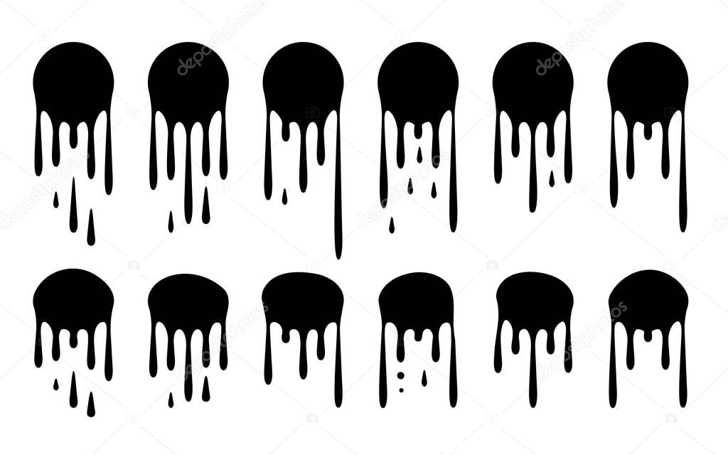 Round Black Current Paint Drips or Circle Stains Collection Isolated
