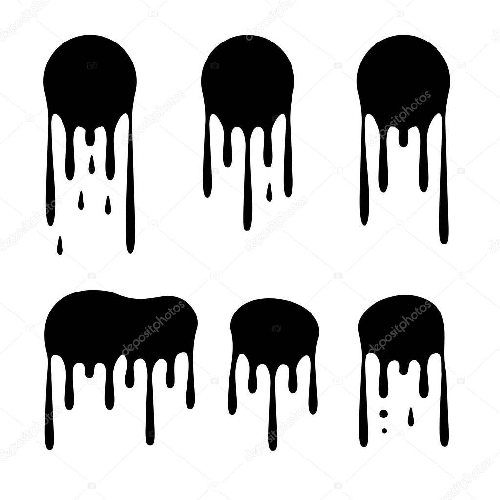 Round black current paint drips or circle stains collection isolated. Liquid dripping circles or melted ice cream drip silhouettes vector illustration