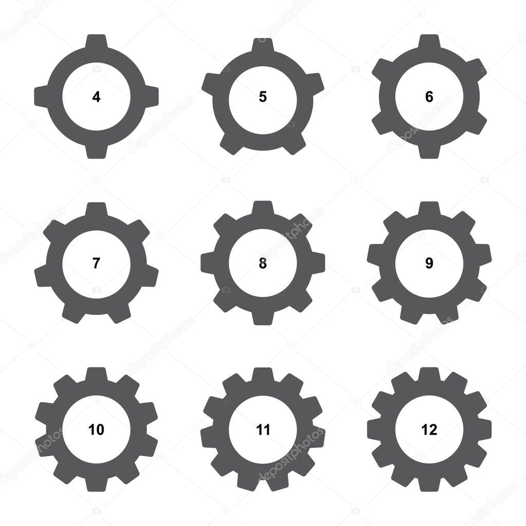 Gear icon collection isolated on white background. Set of cogwheels or gearwheels. Config settings symbol, gears sign, sprocket silhouettes, spoke graphic elements, wheel vector illustration