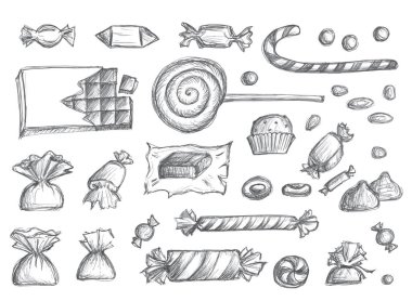 Şekerleme seti izole edildi. Kabartmalı şekerleme tasarım elementleri koleksiyonu içinde çikolata ambalajı, karamel çizimi, lolipop, şekerleme, yarım yamalak şekerler. El çizimi vektör taklit