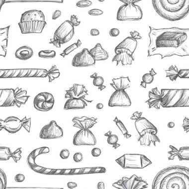 Şekersiz eskiz deseni. Kabartmalı karalama tatlılar çikolata ambalajlı, karamel eskiz, lolipop, şekerleme, yarım yamalak şekerler. El çizimi vektör taklit