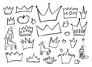 Beyaz arka planda siyah karalama elementleri var. Bir grup yarım yamalak taç vektör çizimi. El çizimi taklit