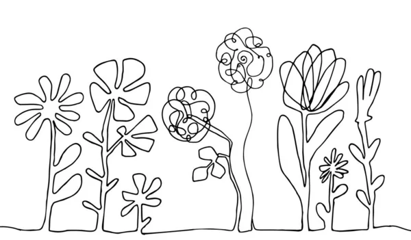 Ilustración Continua Vectores Flores Línea Delgada Boceto Botánico Minimalista Garabato — Vector de stock