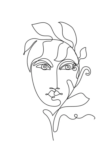 One Line Drawing Femme Nature Face Plant Branch Leaves Portrait — Image vectorielle