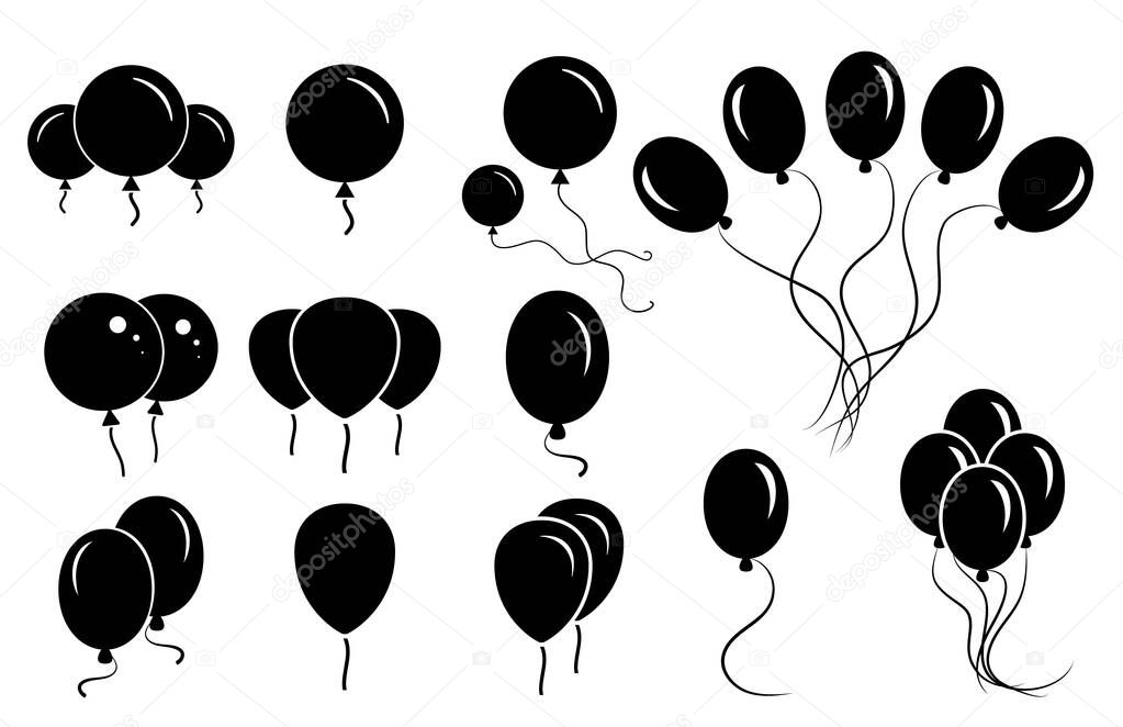 Black simple balloon bundle for laser cut. Big set of birthday balloons symbols, signs or silhouettes