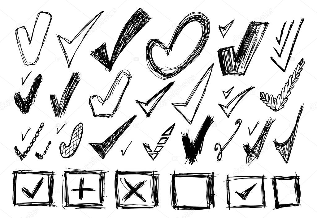 Set of different sketched check marks. Tick symbols collection, checkmark signs, simple accept icons, ok and yes mark, correct symbol, checkbox vector illustration. Hand drawn imitation
