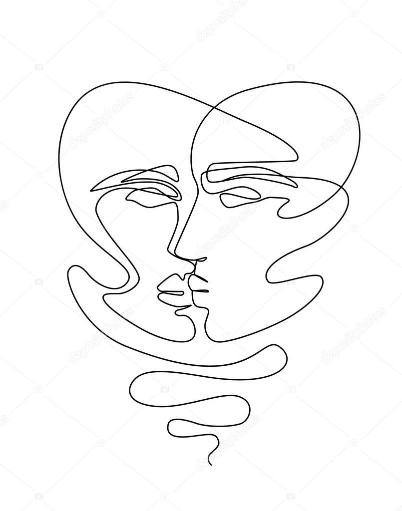One Line Drawing Man and Woman Faces. Couple Kissing Profiles in Sketch Art Style, Continuous Line Draw Heads, Single Outline Vector Illustration