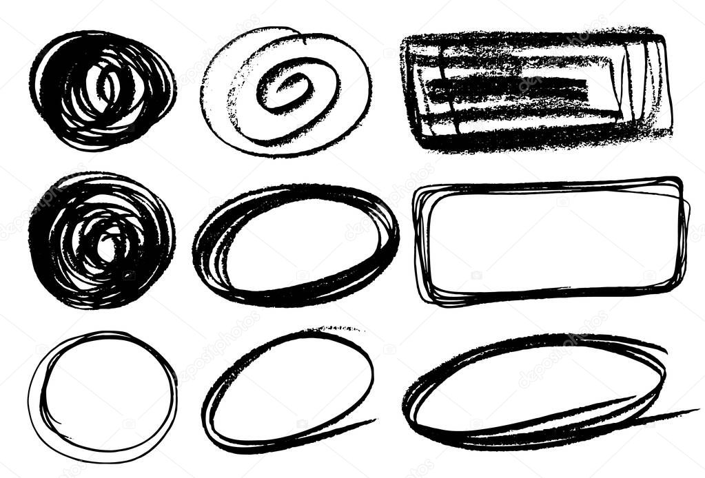 Hand drawn ink line circles or scribble circles vector collection. Circular doodle sketch scribbles or round frames isolated on white with place for text, pencil handwritten art imitation