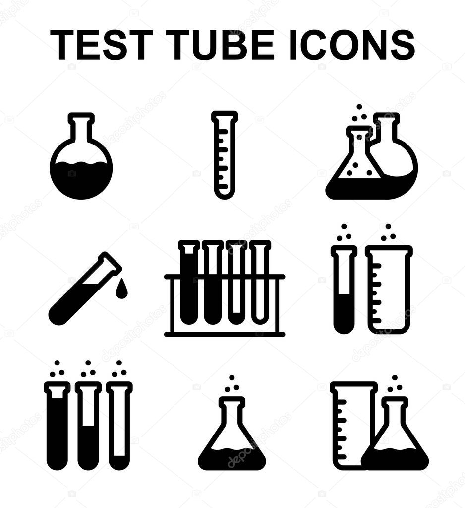 Test tube vector icon collection. Set of lab flask symbols isolated on white background. Chemical beakers, medical research equipment, erlenmeyer logo