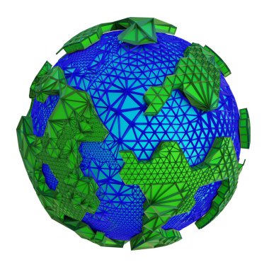 3D soyut gezegen çizimi. Okyanusların ve yeşil kıtaların izole olduğu gelecekçi dünya küresi