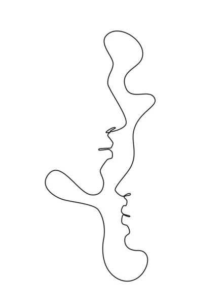 One Line Drawing Man Woman Faces Профили Поцелуев Стиле Sketch — стоковый вектор