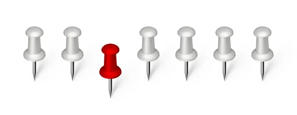 群衆の中で 異なっているか 異なる考え方 ユニークな 群集から目立つ 白と赤のプッシュピンやオフィスの添付ボタンとグループベクトルイラストの1つ — ストックベクタ