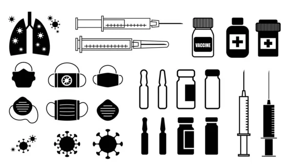 Ampułka Ikonami Szczepionek Koronawirusowych Ilustracja Wektora Wirusa Strzykawki Symbole Dawek — Wektor stockowy